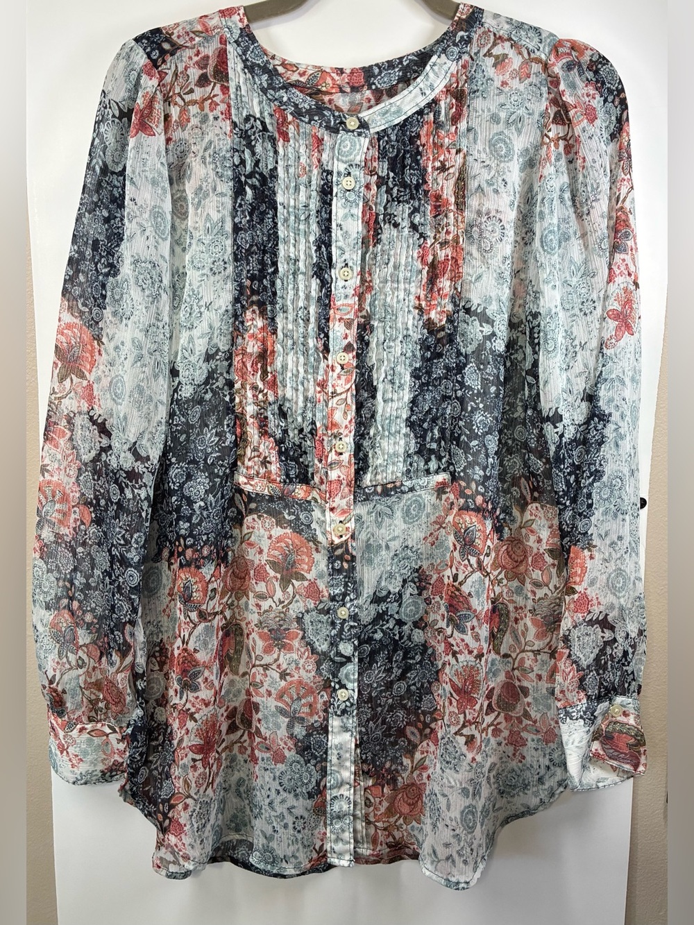 LOFT Women's Medium Floral Patchwork Pintuck Button Front Blouse Sheer